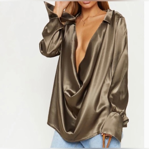 PrettyLittleThing Khaki Extreme Cowl Longline Satin Shirt Long Sleeve.Si… - Picture 1 of 8
